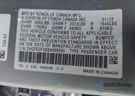 2025 Honda Civic Sport from USA, damaged, VIN 2HGFE2F58SH569690